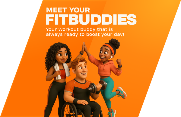 Illustrated characters &ldquo;Energy&rdquo; and &ldquo;Vibe&rdquo; sit on the floor against an orange background, smiling at each other. Energy wears a cropped orange hoodie, teal leggings, and teal-orange sneakers, holding one shoe in her hand. Vibe wears a sleeveless orange top and black leggings, sitting barefoot with legs crossed. White text reads &ldquo;MEET YOUR FITBUDDIES &ndash; Your workout buddy that&rsquo;s always ready to boost your mood!&rdquo;
