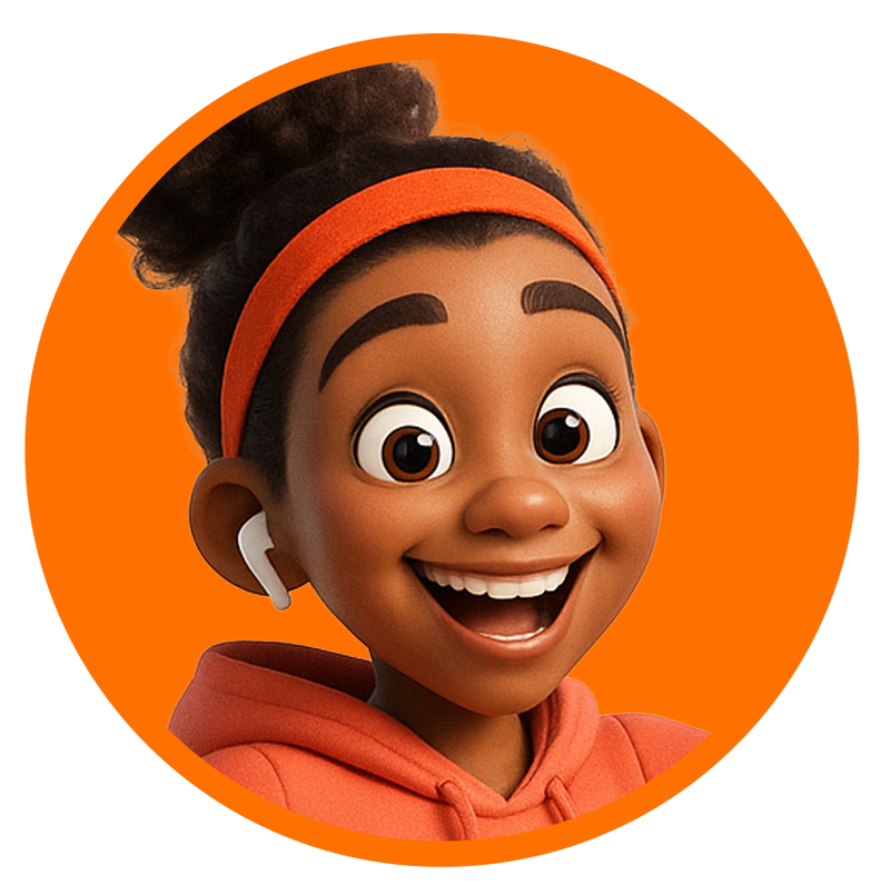 Illustrated character &ldquo;Energy,&rdquo; a bubbly coach with dark curly hair in a puff, wearing a cropped orange hoodie, teal leggings, and orange-teal sneakers, mid-jump with a big smile and raised fist on an orange background.
