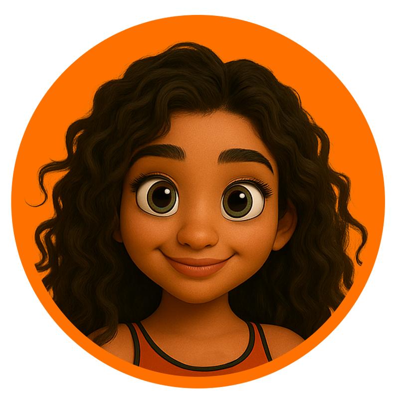 Illustrated character &ldquo;Vibe,&rdquo; a smooth, focused coach with long curly dark hair, wearing a black and orange athletic top and leggings, standing barefoot in a yoga tree pose with hands together on an orange background.