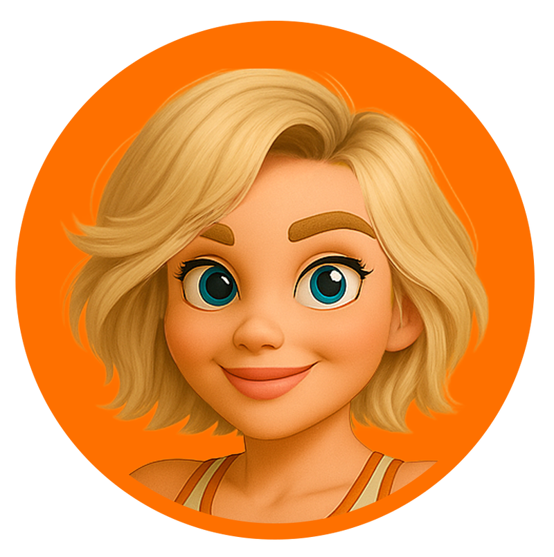 Illustrated character &ldquo;Glow,&rdquo; a calm and grounded coach with short blonde hair, wearing a beige &ldquo;COACH&rdquo; crop top, teal leggings with orange accents, and matching sneakers, giving a thumbs-up on an orange background.