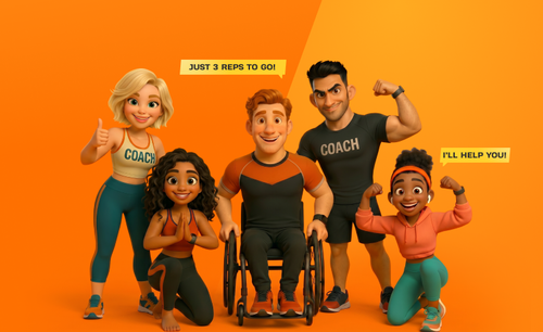 Five illustrated Basic-Fit &ldquo;FitBuddies&rdquo; stand and pose together: Energy jumps playfully in orange and teal; Glow gives a thumbs-up in a &ldquo;COACH&rdquo; crop top; Vibe holds a yoga pose in sleek black-and-orange; Power stands confidently in a black &ldquo;COACH&rdquo; shirt; and Strive, in a sports wheelchair, smiles with folded arms.