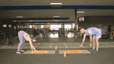 Two people standing and walking their hands forward into a high plank, then returning to stand up, repeating the inchworm movement.